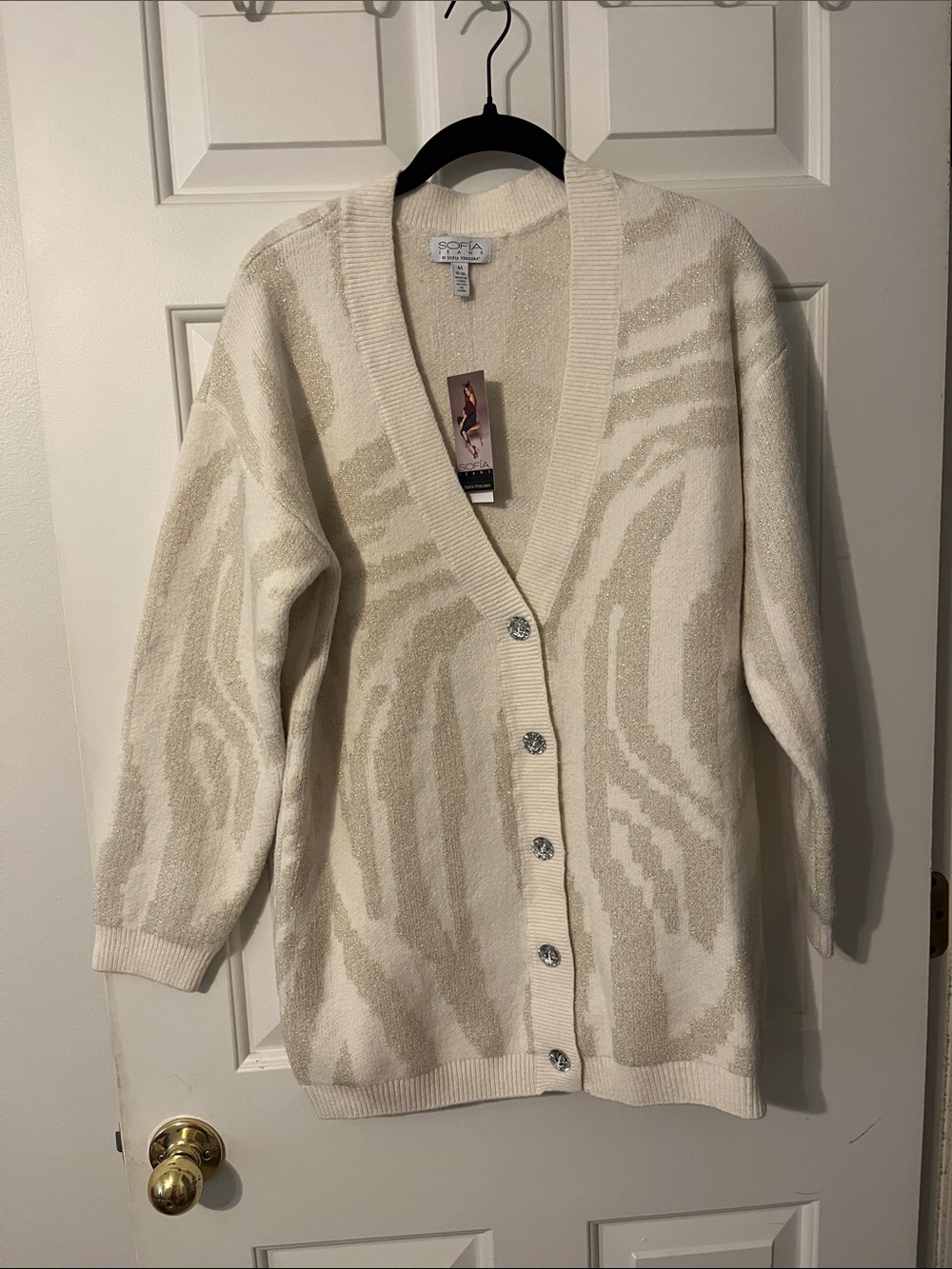 Sofia Cashmere Cream and Beige Patterned Button-Front Cardigan